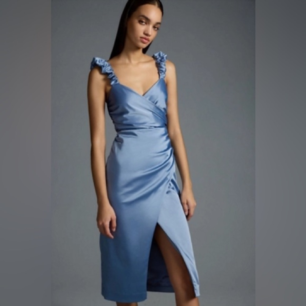 Anthropologie Ruched Sweetheart Dress Blue Grey Satin - Picture 3 of 16